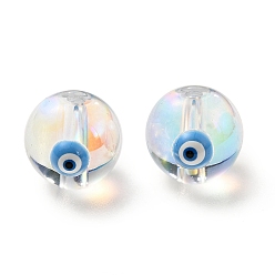 Deep Sky Blue Transparent Glass Beads, with Enamel, Round with Evil Eye Pattern, Deep Sky Blue, 10~10.5x9mm, Hole: 1.6mm