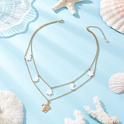Золотой 304 Двухслойные ожерелья из нержавеющей стали с подвеской в виде морской черепахи и натуральной пресноводной ракушки в форме звезды для женщин, белые, золотые, 15.63 дюйм (39.7 см)