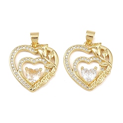 Настоящее золото 18K Латунные подвески с кубическим цирконием ко Дню матери, сердце прелести, без свинца и без кадмия, долговечный, стойки покрытие, реальный 18 k позолоченный, 21.5x20x4 мм, отверстие : 3.8x4.8 мм