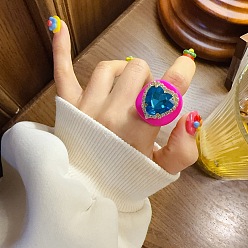 Темно-Голубой Кольца из смолы в форме сердца, хрустальных страз и стекла, глубокое синее небо, внутренний диаметр: 18 мм