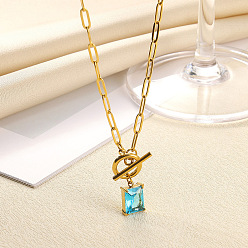 Голубой 304 Кулон или ожерелье из нержавеющей стали с квадратным камнем-талисманом, инкрустированным кубическим цирконием., золотые, голубой, 17.72 дюйм (45 см)