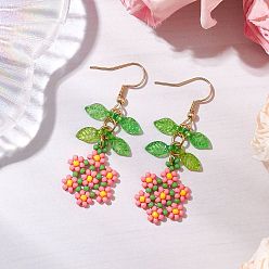 Pink Handmade Glass Seed Dangle Earrings, Loom Pattern, Flower, Golden, Pink, 52.5x17mm