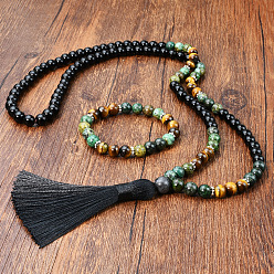 Смешанные камни Комплекты ожерелий и браслетов с подвесками из натурального черного камня, африканской бирюзы (яшмы) и тигрового глаза, круглые четки с бусинами и кисточками, 840 мм и 190 мм