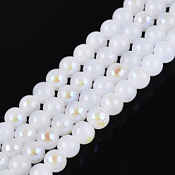 Белый Гальванические стекляныне бусины, имитация нефрита, круглые, с покрытием цвета радуги, с половиным покрытием, белые, 6~6.5 мм, отверстие : 0.8~1 мм, около 67~72 шт / нитка, 14.57~15.35 дюйм (37~39 см)