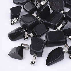 Black Stone Natural Black Stone Pendants, with Stainless Steel Snap On Bails, Nuggets, 15~35x10~20x5~15mm, Hole: 3x7.5mm