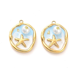 Светло-Синий 304 нержавеющей стальной эмали подвески, с блестящей пудрой и искусственным жемчугом, плоские круглые с морскими звездами, ионное покрытие (ip), реальный 18 k позолоченный, голубой, 23.5x18x8 мм, отверстие : 1.8 мм
