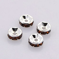 Coffee Brass Rhinestone Spacer Beads, Grade AAA, Straight Flange, Nickel Free, Silver Color Plated, Rondelle, Coffee, 4x2mm, Hole: 0.8mm