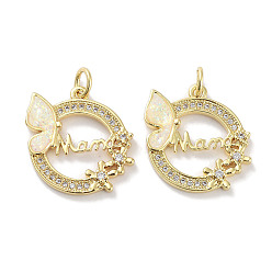 Белый Латунные микропаве прозрачные подвески с фианитом, без кадмия и без свинца, с синтетическим опалом и кольцами-прыгунами, реальный 18 k позолоченный, кольцо с подвесками в виде бабочек, белые, 19x18.5x2.5 мм, отверстие : 3 мм