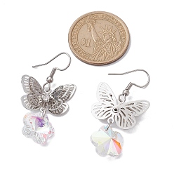 Mixed Shapes Filigree 3D Butterfly Platinum Brass Dangle Earrings, Glass Drop Earrings, Mixed Shapes, 43~50x23mm
