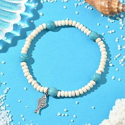 Fish Сплав шарм браслеты, Женские браслеты с эластичными бусинами из синтетической бирюзы, рыба, внутренний диаметр: 2-3/8 дюйм (6 см), бусины : 5x3 мм и 8 мм