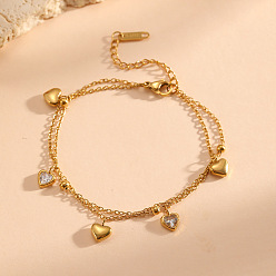Cœur 304 Bracelets géométriques en acier inoxydable sertis de zirconiums cubiques transparents 2 à plusieurs rangs pour femmes, or, cœur, 6.30 pouce (16 cm)