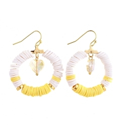 Yellow Dangle Earrings, with Polymer Clay Heishi Beads, Heart Glass Beads, Alloy Beads, Golden Plated 304 Stainless Steel Pendants and Brass Earring Hooks, Ring, Yellow, 47.5x36mm, Pin: 0.7mm