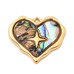 Раковина Природные пауа оболочки подвески, подвески в форме сердца с 304 оправами из нержавеющей стали, ионное покрытие (ip), реальный 18 k позолоченный, 17x20x2 мм, отверстие : 1 мм