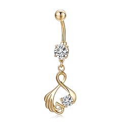 Clear Piercing Jewelry, Brass Cubic Zirciona Navel Ring, Belly Rings, with 304 Stainless Steel Bar, Lead Free & Cadmium Free, Clear, 47mm, Pendant: 25x15mm, Bar: 14 Gauge(1.6mm), Bar Length: 3/8"(10mm)