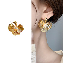 Золотой Серьги-гвоздики из латуни с микро-паве и прозрачным фианитом, золотые, 35x35 мм