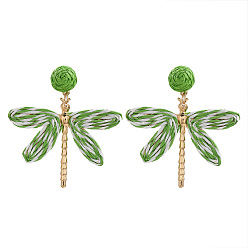 Темный Морско-зеленый Серьги-гвоздики из сплава и рафии, стрекоза, золотые, темно-зеленый, 65x61 мм