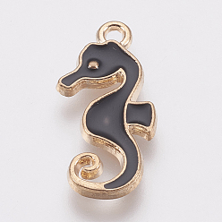 Black Zinc Alloy Enamel Pendants, Sea Horse, Golden, Black, 21x10x1.5mm, Hole: 1.5mm