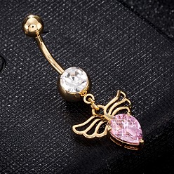 Pink Messing Zirkonia Nabel Ring, Bauchringe, mit 304 Edelstahlleiste, cadmiumfrei und bleifrei, echt 18 k vergoldet, Engelsflügel, rosa, 41x16 mm, Stange: 15 Spurweite(1.5mm), Stangenlänge: 3/8"(10mm)