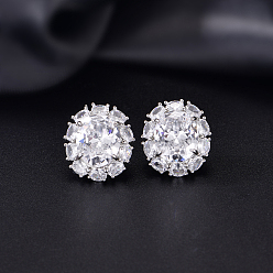 White Brass Micro Pave Cubic Zirconia Oval Stud Earrings for Women, Platinum, White, 18x15.7mm