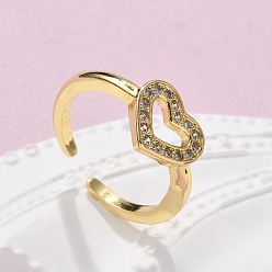 Настоящее золото 18K Латунные кольца-манжеты с микропаве из кубического циркония, без кадмия и без свинца, сердце, реальный 18 k позолоченный, 11x9 мм