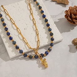 Ляпис-Лазурь Кулон в виде лобстера из нержавеющей стали, цепочка-скрепка и двухслойные ожерелья из натурального лазурита с ограненными круглыми бусинами для женщин, золотые, 16.14 дюйм (41 см)