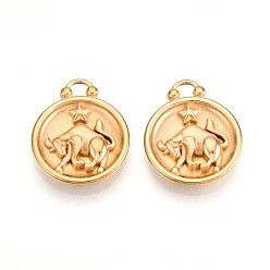 Телец 304 подвески из нержавеющей стали, плоский круглый шарм с двенадцатью созвездиями, реальный 18 k позолоченный, ионное покрытие (ip), Телец, 20.5x17x3~4.5 мм, отверстие : 2.5x2.7 мм