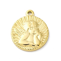 Настоящее золото 18K 304 подвески из нержавеющей стали, плоский круглый с подвеской купидона, вакуумное покрытие pvd, реальный 18 k позолоченный, 21.5x18.5x2.5 мм, отверстие : 2 мм