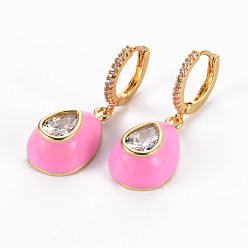 Бледно-Розовый Серьги-кольца из латуни с микропаве из прозрачного кубического циркония, с эмалью, без никеля , слеза, золотые, розовый жемчуг, 33 мм, штифты : 1 мм