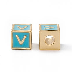 Letter V Стойки покрытие латунь эмаль бисер, без кадмия, без никеля и без свинца, реальный 18 k позолоченный, куб с письмом, голубой, letter.v, 6x6x6 мм, отверстие : 2.5 мм