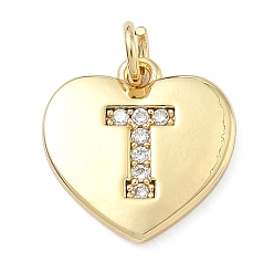 Letter T Латунные микропаве прозрачные подвески с фианитом, сердце прелести, без кадмия и без свинца, стойки покрытие, долговечный, реальный 18 k позолоченный, Письмо T, 15x15x2 мм, отверстие : 3 мм