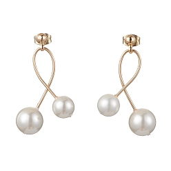 Golden Shell Pearl Round Ball Drop Earings, Brass Stud Earrings, Golden, 36x22mm