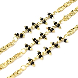 Настоящее золото 18K Латунные овальные звенья цепи, со стеклянными бисеринами, без свинца и без кадмия, долговечный, стойки покрытие, пайки, с катушкой, реальный 18 k позолоченный, 7.5x3x0.5 мм и 4x3x0.5 мм и 6.5x2 мм