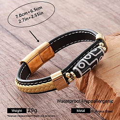 Yellow Vintage Two Tone Braided PU Leather Cord 9-Eye Tibetan Style dZi Rice Beads Bracelets, with 304 Stainless Steel Magnetic Clasps, Golden, Yellow, Inner Diameter: 2.76 inch(7cm)