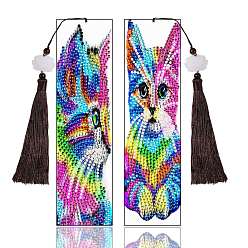 Cat Shape DIY Diamond Painting Kits For Bookmark Making, including Tassel, Resin Rhinestones, Diamond Sticky Pen, Tray Plate and Glue Clay, Cat Pattern, 210x60x15mm