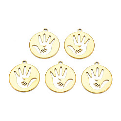 Real 18K Gold Plated Ion Plating(IP) 201 Stainless Steel Pendants, Flat Round with Palm, Nickel Free, Real 18K Gold Plated, 24.5x21.5x1.5mm, Hole: 2mm