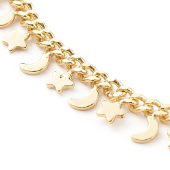 Golden Brass Charm Anklets, with Curb Chains, Star & Moon, Golden, 8-7/8 inch(22.5cm)