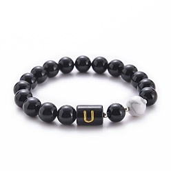 Letter U Bracelets extensibles en perles d'onyx noir naturel (teint et chauffé) et d'howlite (mm), bracelets alphabet, lettre u, 10 pouces (6.60 cm) ~16.76 pouces (8.50 cm)