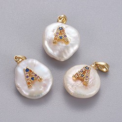 Letter A Подвески из натурального пресноводного жемчуга, с латунными микро проложить кубических выводы циркония, самородки с буквой, долговечный, золотые, красочный, letter.a, 17~27x12~16x6~12 мм, отверстие : 4x2.5 мм