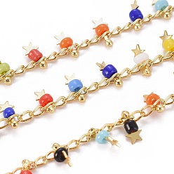 (52) Непрозрачная лаванда Ручной цепи стекло бисером, с латунными боковыми витыми цепями, с катушкой, долговечный, пайки, звезда, реальный 18 k позолоченный, разноцветные, 3x1.5x0.7 мм, около 32.8 футов (10 м) / рулон