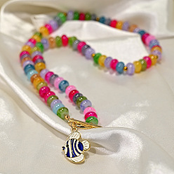 Azul Colgante de pez de aleación esmaltada de estilo bohemio con temática oceánica, arcoíris, hecho a mano con cuentas de vidrio soplado, estilo rondel, para mujer., dorado, con broches ot, azul, 17.72 pulgada (45 cm)