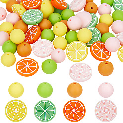 Mixed Color Lemon & Round Food Grade Eco-Friendly Silicone Focal Beads, DIY Handmade Beaded Jewelry, Mixed Color, 15~22x9.5~15mm, Hole: 2mm, 60pcs