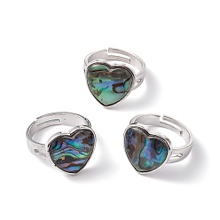 Сердце Регулируемые кольца из натуральной раковины пауа, украшения из латуни для женщин, платина, без кадмия и без свинца, Сердце Pattern, кольцо поверхность: 16x16.5mm, размер США 7 3/4 (17.9 мм)