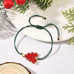 Red Adjustable Christmas Tree Braided Nylon String Bracelets with Brass Star, Golden, Red, Inner Diameter: 1.77~3.27 inch(4.5~8.3cm)