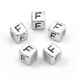 Letter F Покрытие акриловыми шариками, горизонтальное отверстие, куб с письмом, античное серебро, буква f, 6 мм, отверстие : 3 мм, Около 3000 шт / 500 г