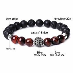 Смешанные камни Окрашенные и нагретые натуральные красные тигровый глаз, вулканический камень и кубический цирконий, круглые бусины, эластичные браслеты для мужчин и женщин, круглые бусины, эластичные браслеты для мужчин и женщин, с синтетическим немагнитным гематитом, 7-3/8 дюйм (18.6 см)