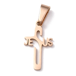 Розовое Золото Пасхальные 304 кулоны из нержавеющей стали, крест с Иисусом слово, розовое золото , 21x12x1.2 мм, отверстие : 3.5x7 мм