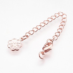 Розовое Золото Латунный удлинитель цепи, с карабин-лобстерами , без кадмия, без никеля и без свинца, долговечный, цветок, розовое золото , 70~75x3 мм, отверстия: 2.5 мм, застежки: 10x6x3 мм