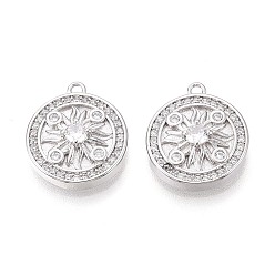 Платинированный Подвески из латуни с прозрачным фианитом, плоские круглые прелести, Реальная платина, 16x14x4 мм, отверстие : 1.2~1.4 мм