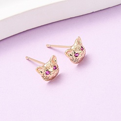 Настоящее золото 18K Серьги-гвоздики из латуни с микропаве из кубических цирконий в форме кошки, реальный 18 k позолоченный, 6.5x8 мм