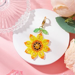 Желтый Подвеска-подсолнух из стеклянных бусинок, с акриловыми подвесками в виде листьев и 304 застежками-карабинами из нержавеющей стали, желтые, 59.5 мм